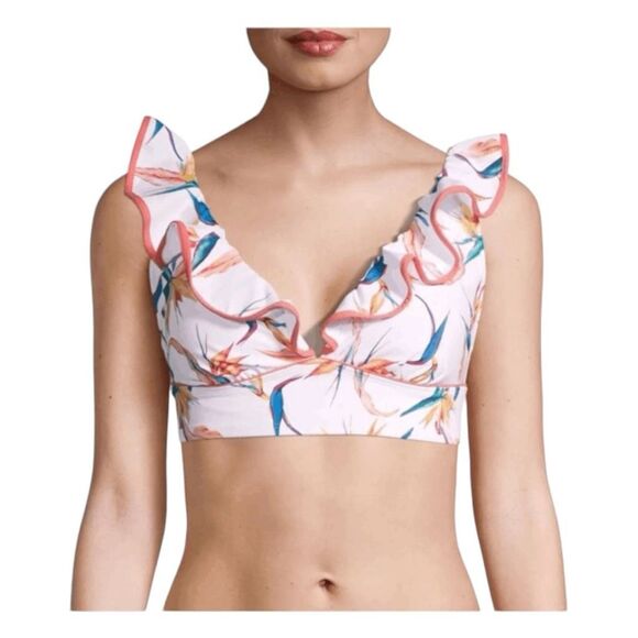 Time and Tru Birds of Paradise Bikini Top White Orange Floral Ruffle Swimsuit L - Picture 1 of 11